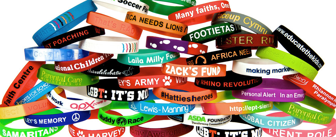 Various types and styles of personalised rubber wristbands