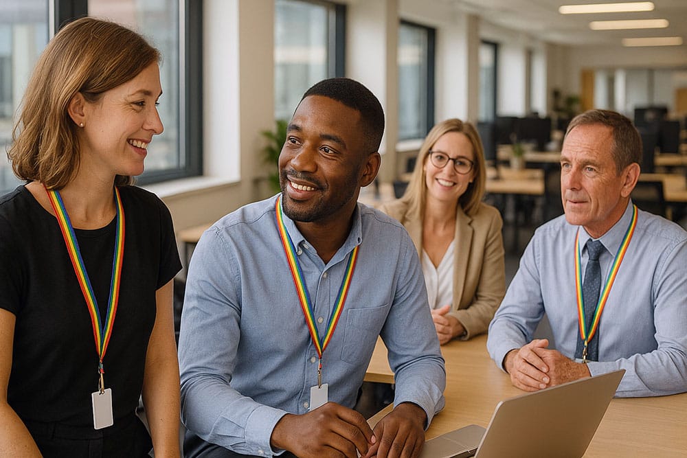 Both non-branded and branded rainbow lanyards are worn in workplaces in support of the LGBT community.