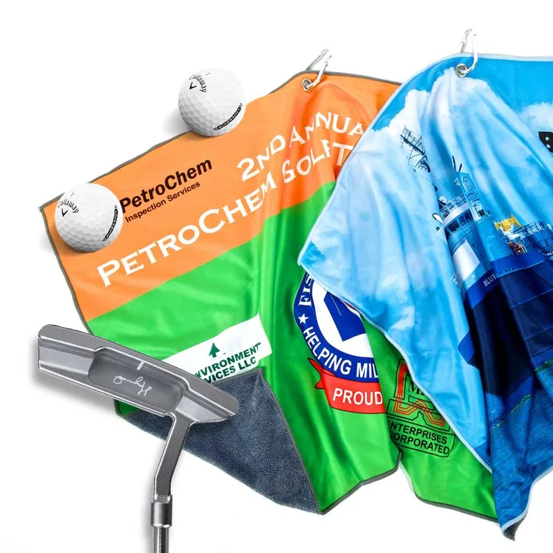 Promotional microfibre golf towels – full colour custom printed, multiple sizes