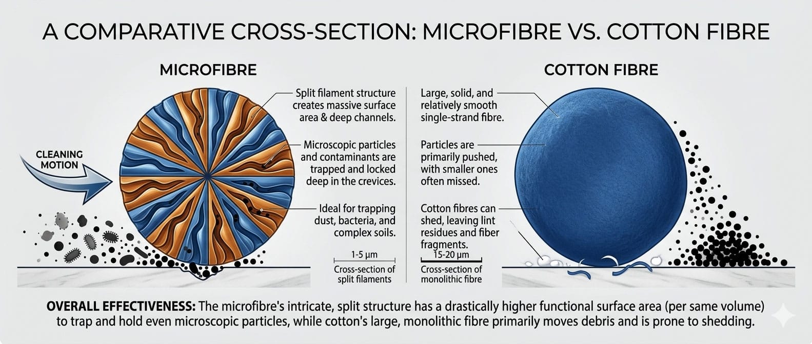 Comparative cross-section of microfibre and cotton fibre: microfibre’s split filament structure creates far more usable surface area than cotton, helping it trap and hold fine dust, grease, bacteria and microscopic particles rather than simply pushing them across a surface.