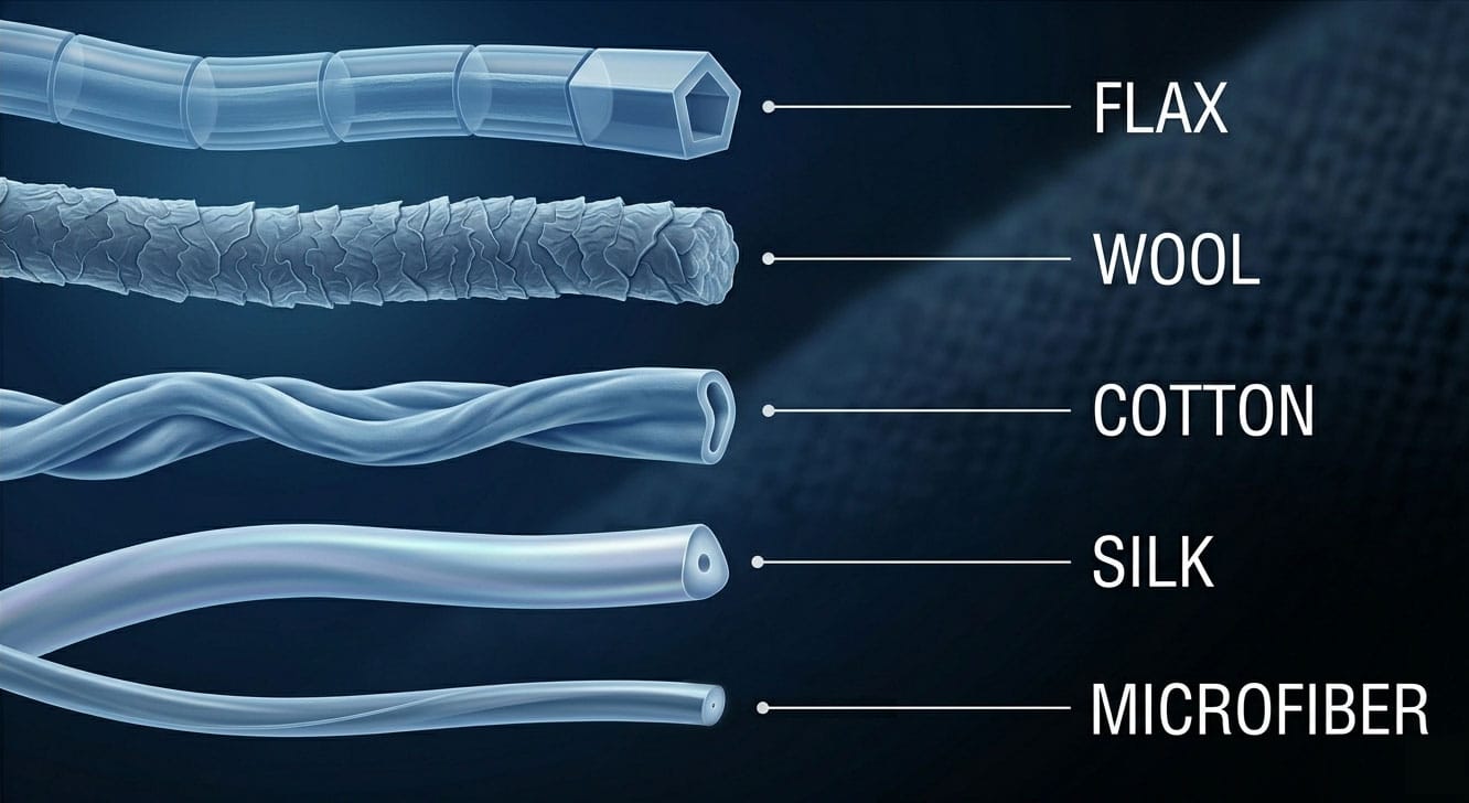 How microfibre compares to other common fibres: its ultra-fine synthetic strands are much thinner than cotton, wool, silk and flax, which helps explain why microfibre cloths are so effective at lifting dust, grease and moisture from surfaces.