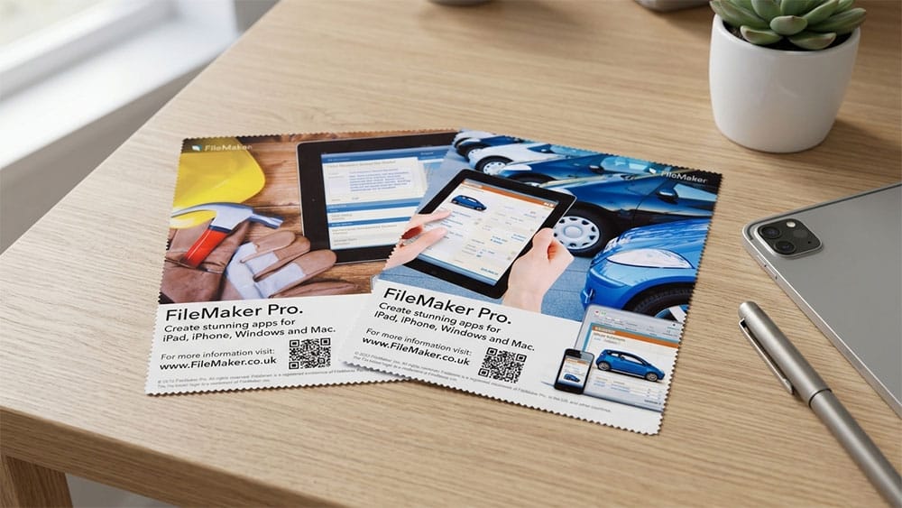 Custom branded microfibre cloths offer a practical promotional product for cleaning glasses, screens and devices while keeping your branding in regular everyday use.