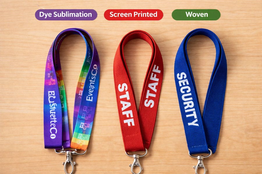Common lanyard types include dye sublimation, screen printed and woven, with dye sublimation printing being the most popular.