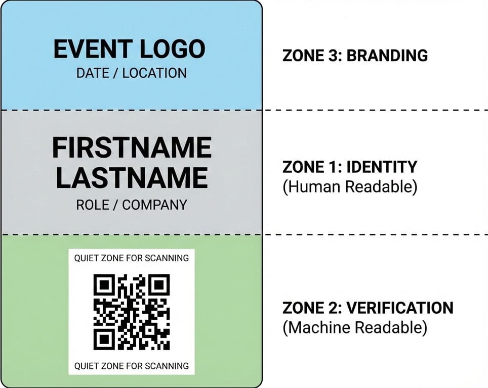 When designing your lanyard card it can often be sectioned into zones for name, logo and QR code.