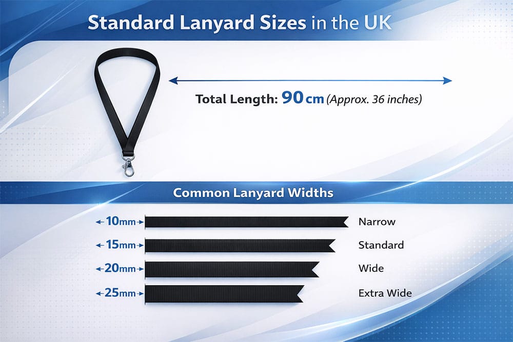 Typically in the UK lanyard sizes are 90cm in length and either 10mm, 15mm, 20mm or 25mm widths depending on the use.