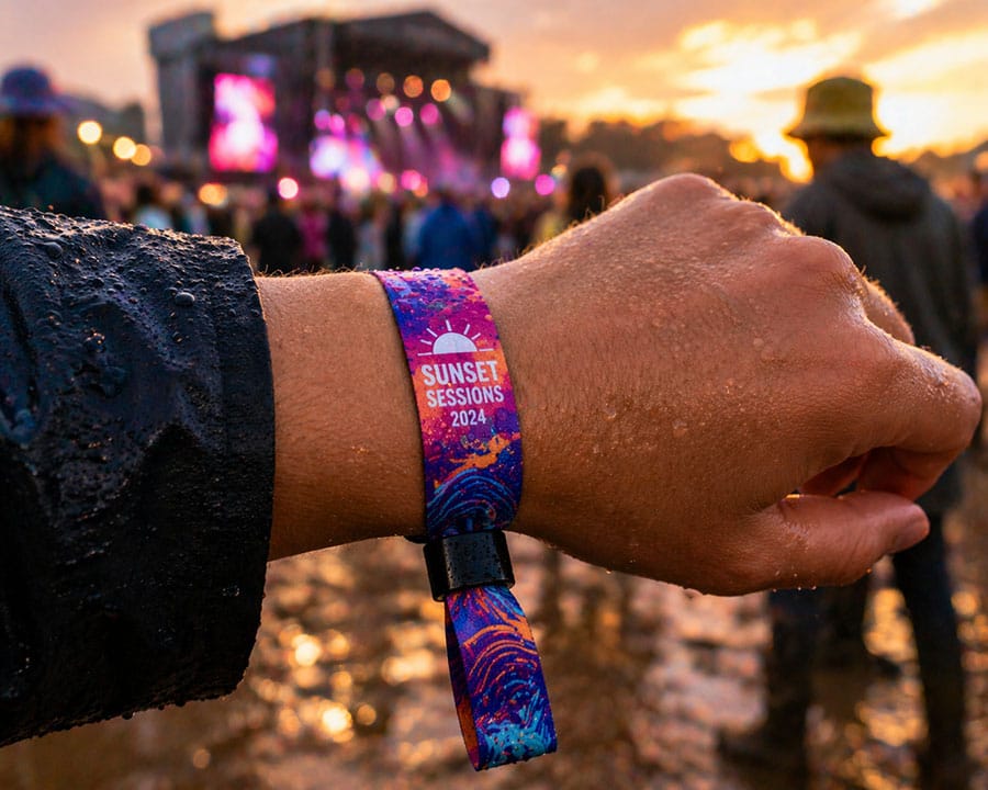 Printed fabric wristbands are a popular choice for multi-day access to festivals.
