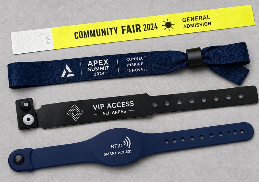 Security wristbands for events can be Tyvek, Printed fabric, Vinyl and RFID.